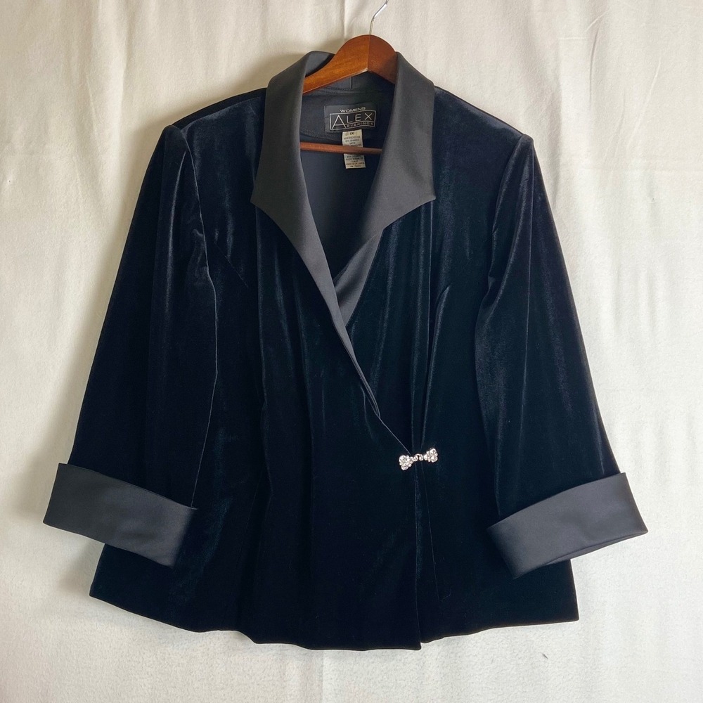 Alex Evenings Black Velvet Satin Trim Rhinestone Clasp Evening Jacket Womens 1X
